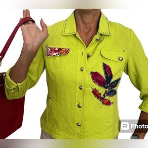 Women’s Lime-Green floral Hand Embroidered Linen Jacket 3/4 sleeve size Medium